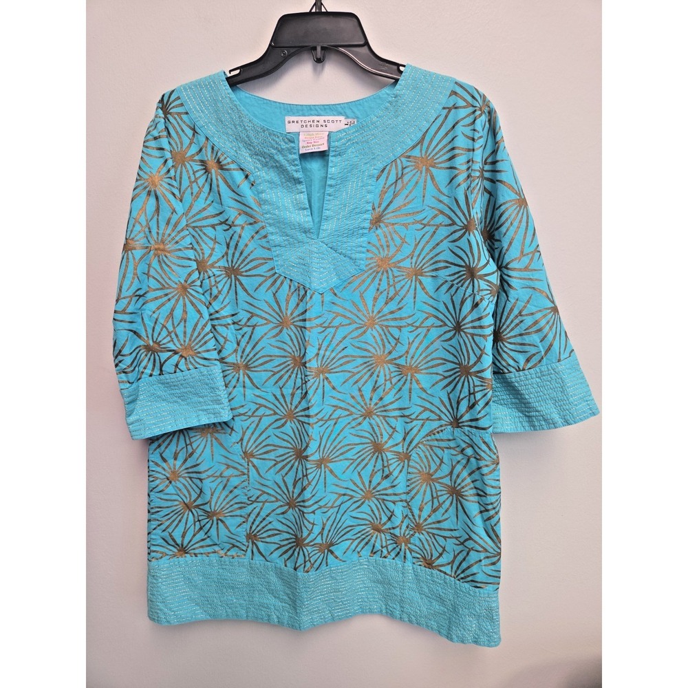 Gretchen Scott Designs Sz L Bright Turquoise Gold Print Tunic Dress With Pockets